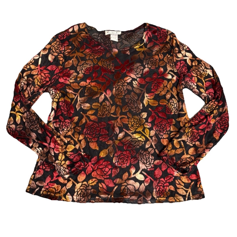 Vintage Y2K Burnout Velvet‎ Floral Sheer Top Size Large Whimsigoth Fairy Grunge
